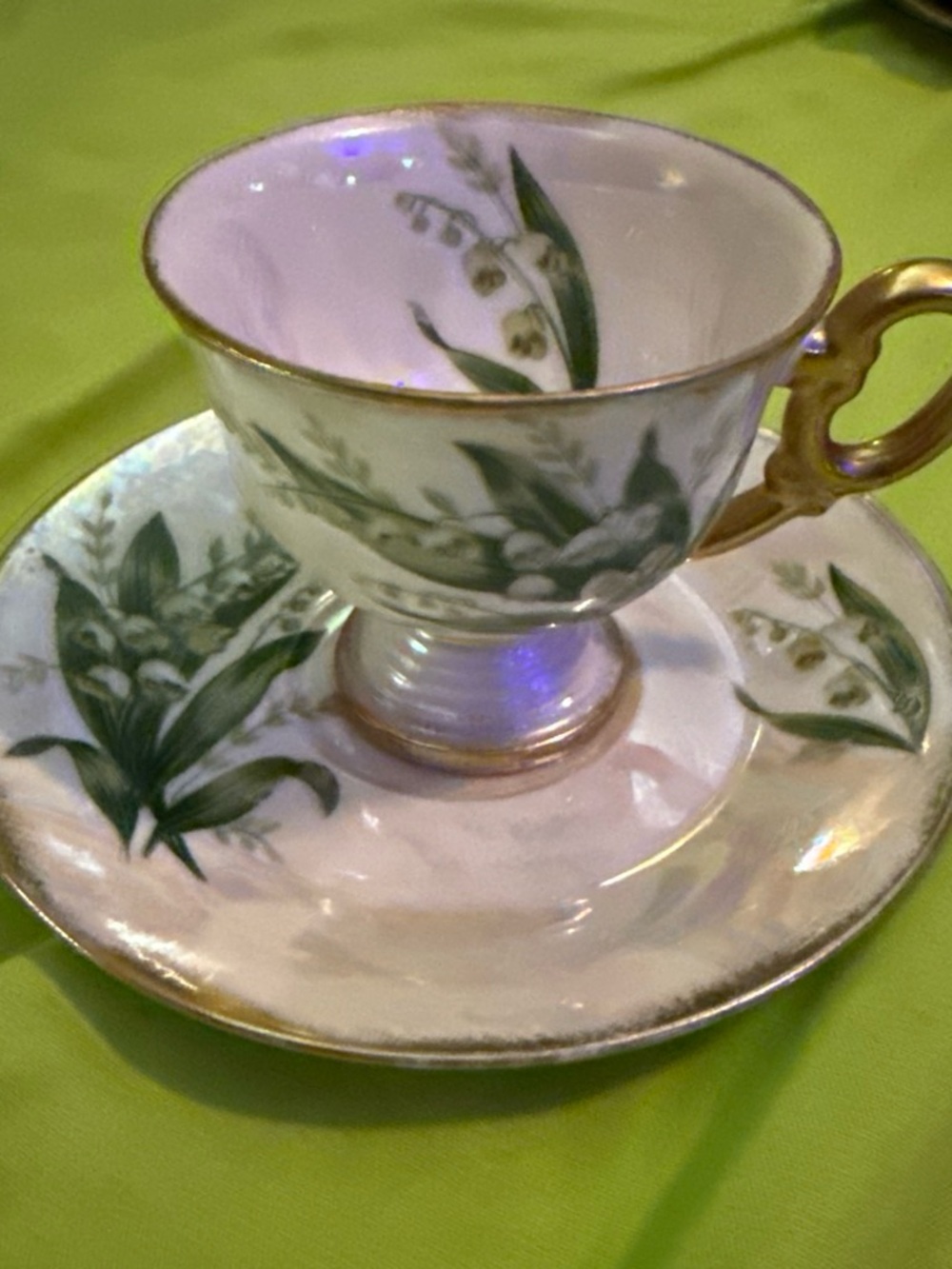 Vintage Porcelain Teacup & Saucer Set in Green Floral with Gold Trim